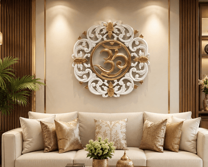 White and gold Om wall decor for home temple