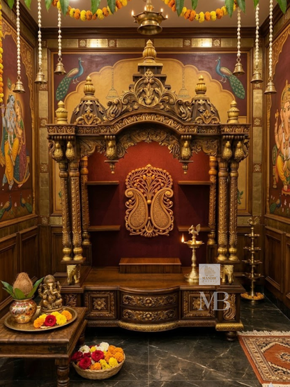 Hand Carved Wooden Pooja Mandir for Home with Peacock Design | Luxury Solid Wood Temple with Drawer & Side Shelves | Hindu Home Temple