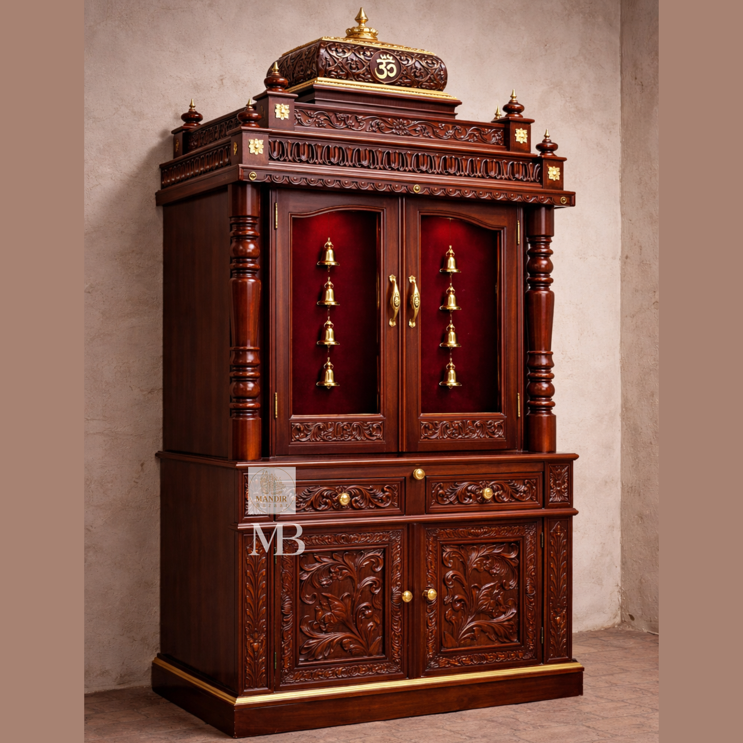 Luxury Wooden Pooja Mandir with Doors & Storage Cabinet | Solid Teak Wood Home Temple | Handcrafted Hindu Prayer Mandir