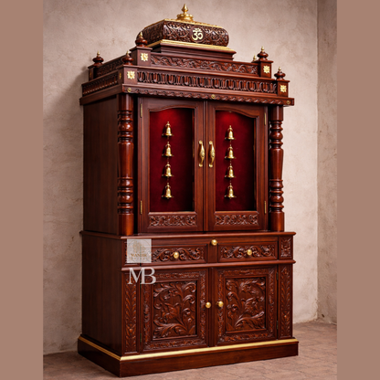 Luxury Wooden Pooja Mandir with Doors & Storage Cabinet | Solid Teak Wood Home Temple | Handcrafted Hindu Prayer Mandir