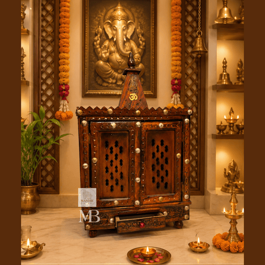 Handcrafted Hindu Temple with Doors, Drawer & Om Design