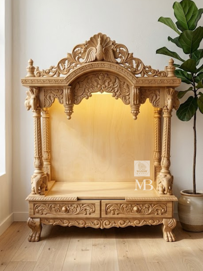 Luxury Handcrafted Wooden Pooja Mandir for Home | Solid Teak Wood Temple with Double Storage Drawers | Traditional Hand Carved Hindu Mandir