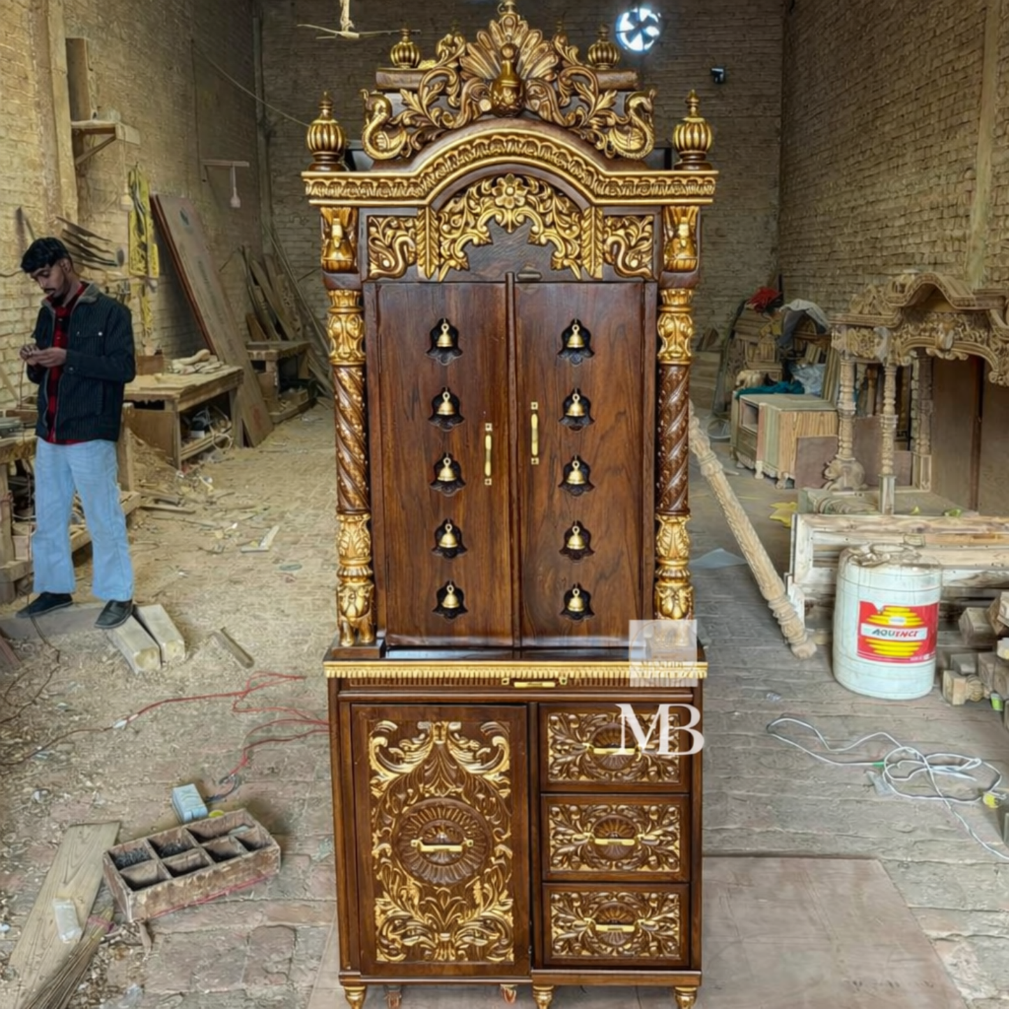 Luxury Wooden Pooja Mandir with Doors, Side Jaali & Storage Drawers | Handcrafted Solid Teak Wood Home Temple | Traditional Hindu Mandir