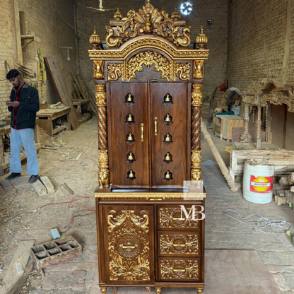 Luxury Wooden Pooja Mandir with Doors, Side Jaali & Storage Drawers | Handcrafted Solid Teak Wood Home Temple | Traditional Hindu Mandir