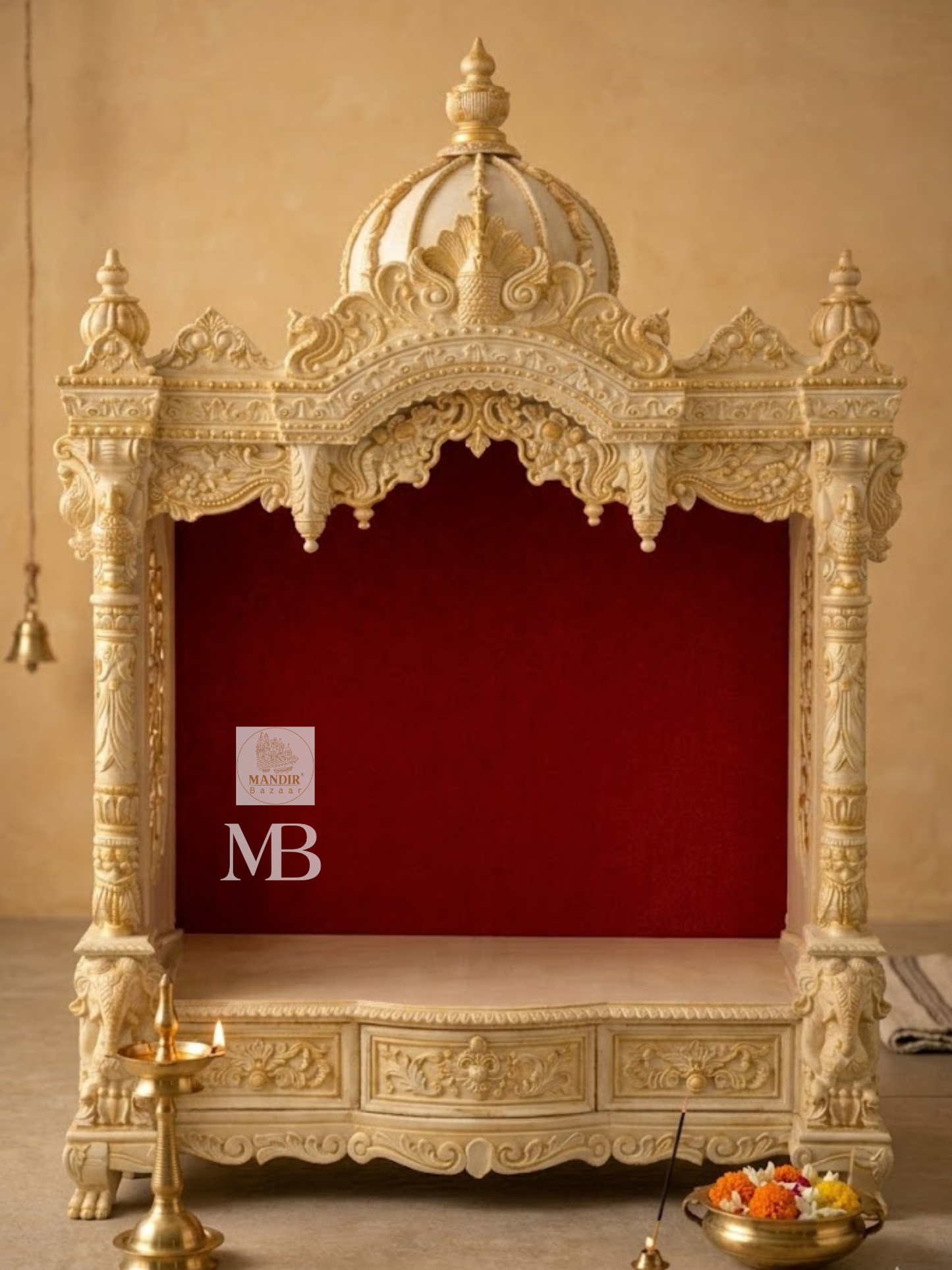 Luxury White Wooden Pooja Mandir | Hand Carved Solid Teak Wood Home Temple | Premium Hindu Prayer Mandir with Storage