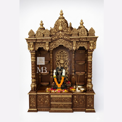 Luxury Hand Carved Wooden Pooja Mandir with Storage | Solid Teak Wood Home Temple | Traditional Hindu Prayer Cabinet