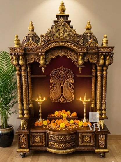 Hand Carved Wooden Pooja Mandir for Home with Peacock Design | Luxury Solid Wood Temple with Drawer & Side Shelves | Hindu Home Temple
