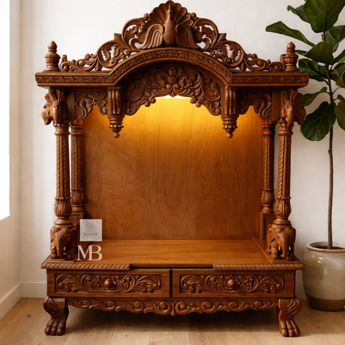 Wooden Ganesha mandir dimensions showing 36 inch height, 24 inch length and 15 inch depth