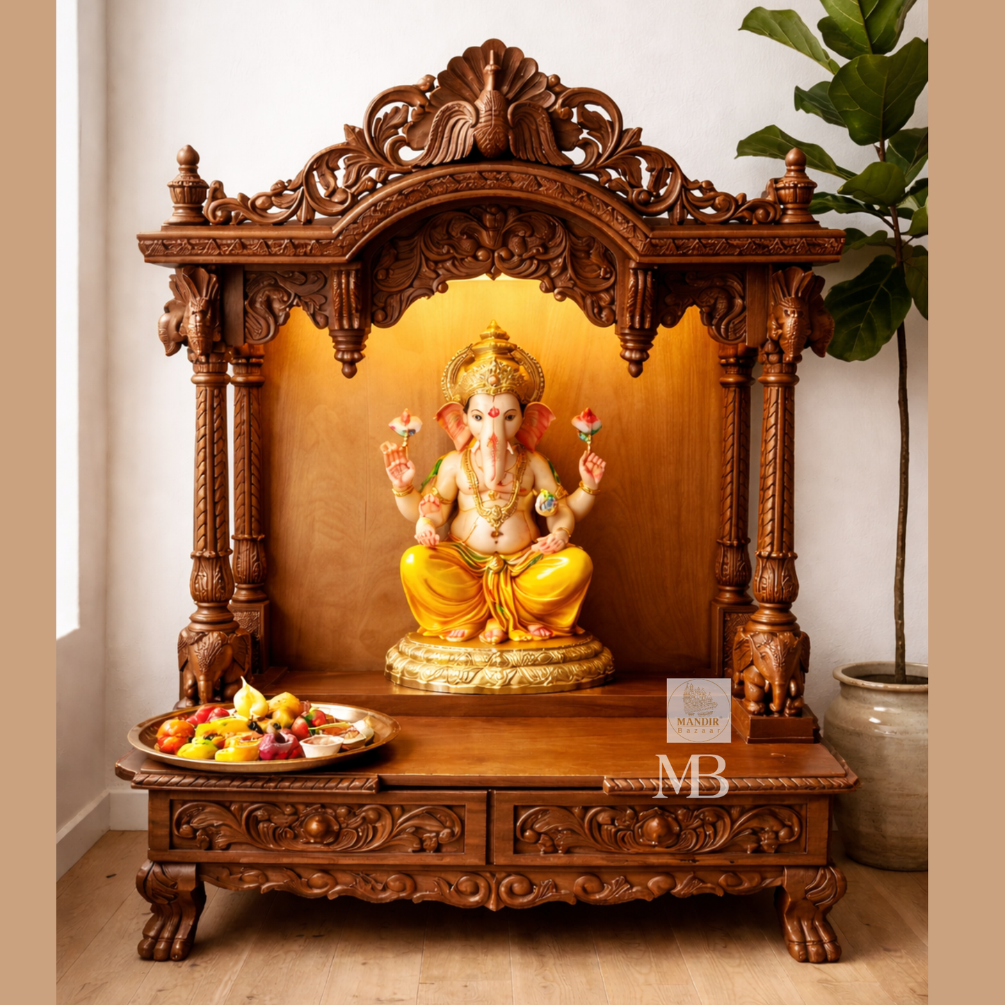 Hand carved wooden Ganesha mandir for home with traditional temple design