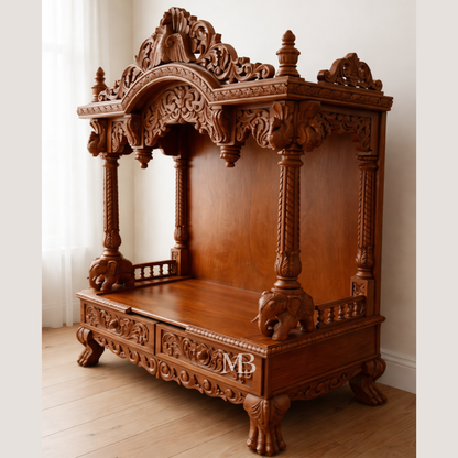 Wooden Ganesha pooja temple with intricate floral carvings and ornate arch