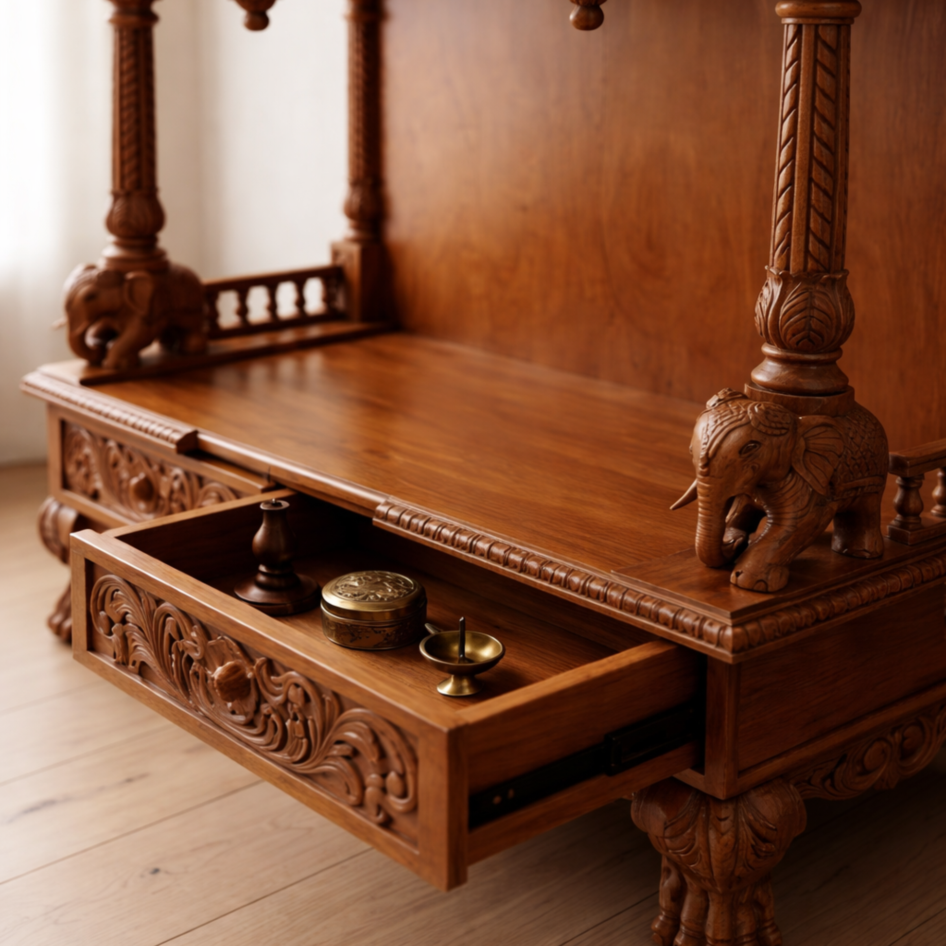 Brown wooden mandir for home with handcrafted decorative details
