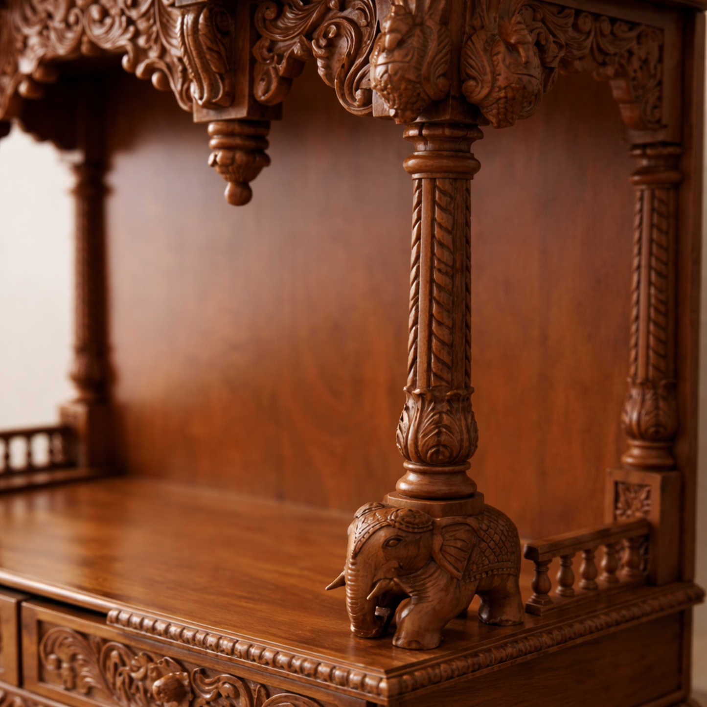 Wooden mandir with detailed peacock-inspired crown carving