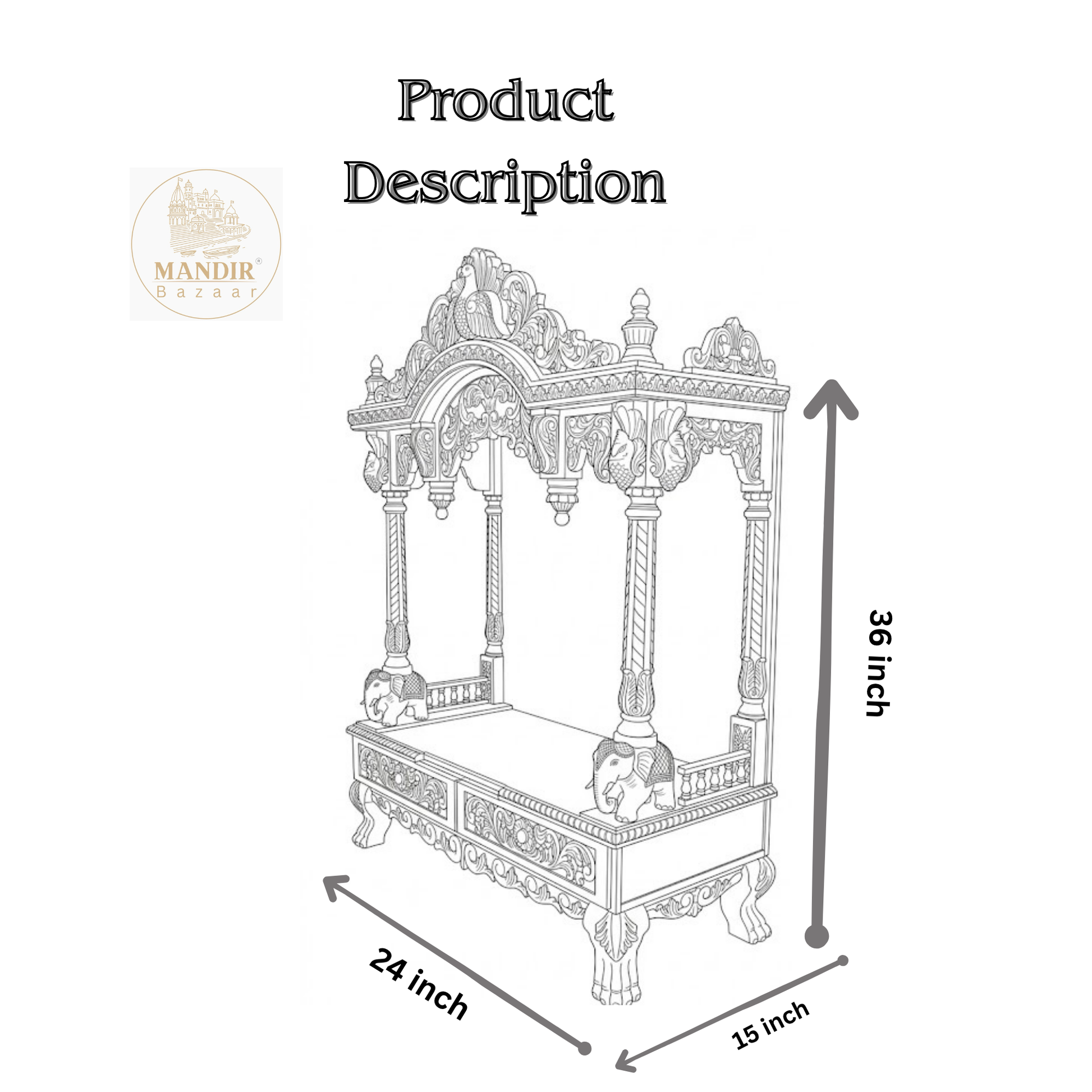 Handcrafted wooden mandir with decorative elephant carvings