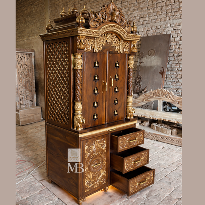 Luxury Wooden Pooja Mandir with Doors, Side Jaali & Storage Drawers | Handcrafted Solid Teak Wood Home Temple | Traditional Hindu Mandir