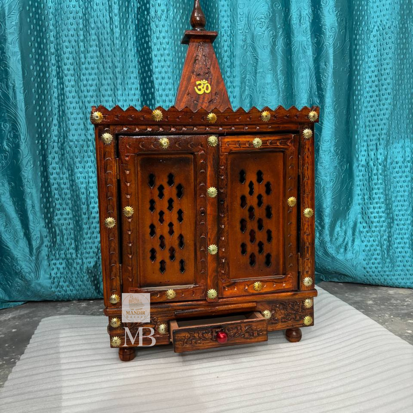 Small Wooden Pooja Mandir for Home – Handcrafted 36 Inch Hindu Temple with Doors, Drawer & Om Design
