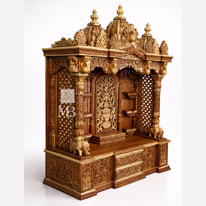 Luxury Hand Carved Wooden Pooja Mandir with Storage | Solid Teak Wood Home Temple | Traditional Hindu Prayer Cabinet