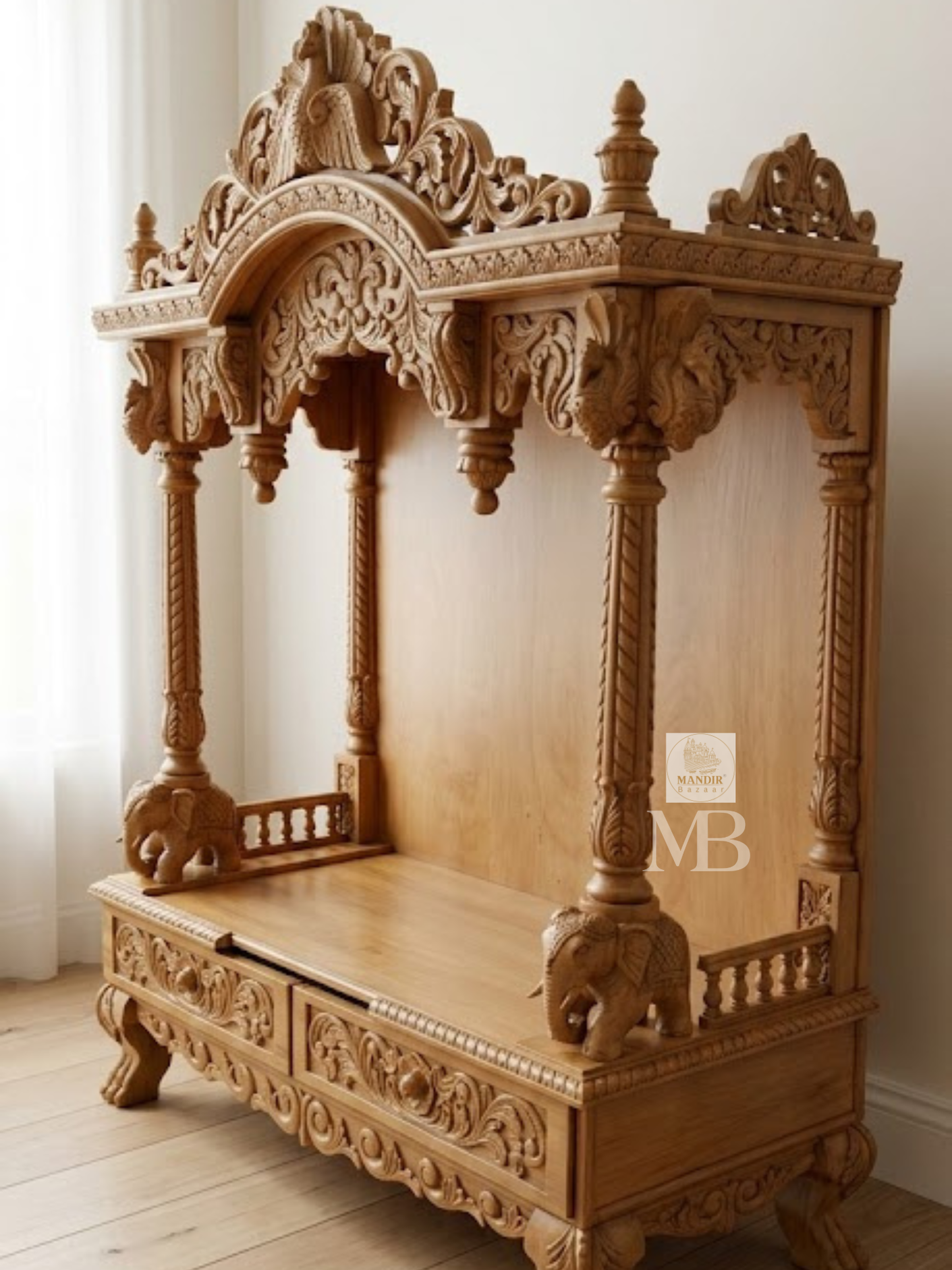 Luxury Handcrafted Wooden Pooja Mandir for Home | Solid Teak Wood Temple with Double Storage Drawers | Traditional Hand Carved Hindu Mandir