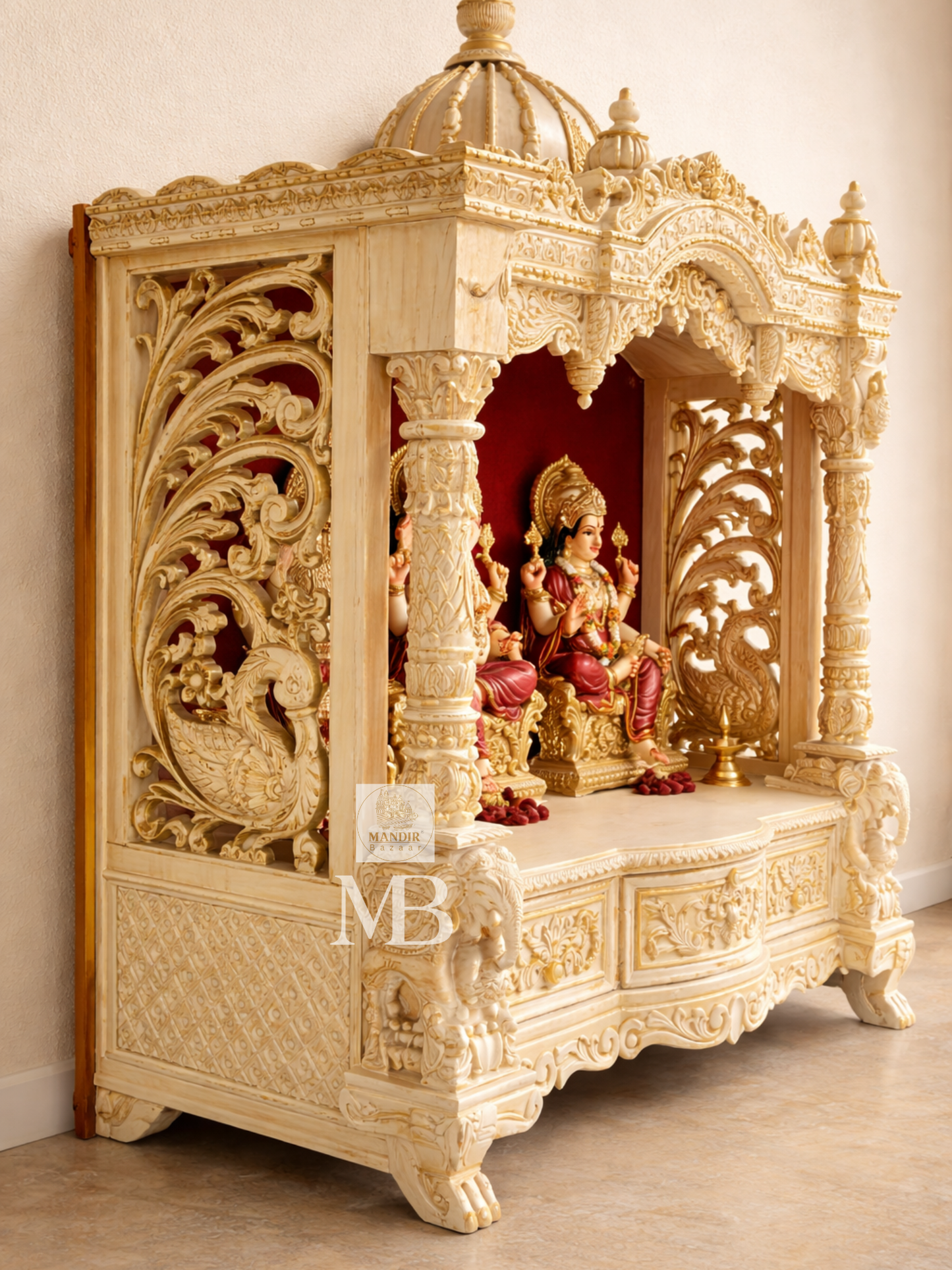 Luxury White Wooden Pooja Mandir | Hand Carved Solid Teak Wood Home Temple | Premium Hindu Prayer Mandir with Storage