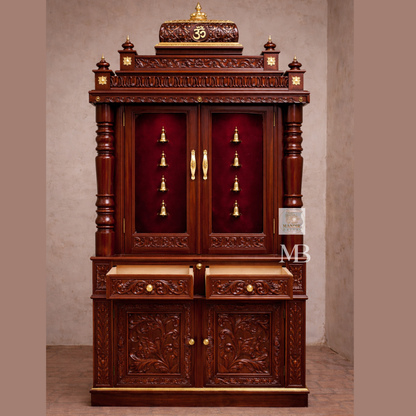 Luxury Wooden Pooja Mandir with Doors & Storage Cabinet | Solid Teak Wood Home Temple | Handcrafted Hindu Prayer Mandir