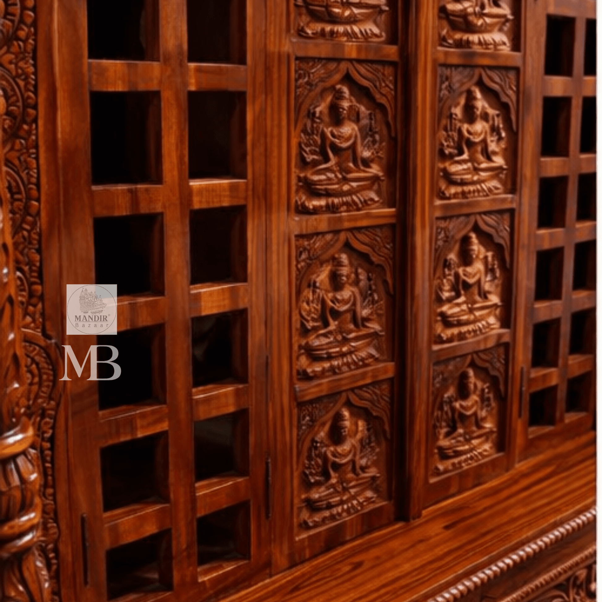 Hand carved wooden pooja mandir doors featuring multiple detailed devotional deity panels