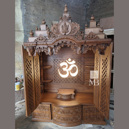 Luxury Handcrafted Wooden Pooja Mandir with OM LED Panel | Solid Teak Wood Temple for Home | Designer Hindu Temple with Side Jali Doors & Storage | Walnut Brown Finish