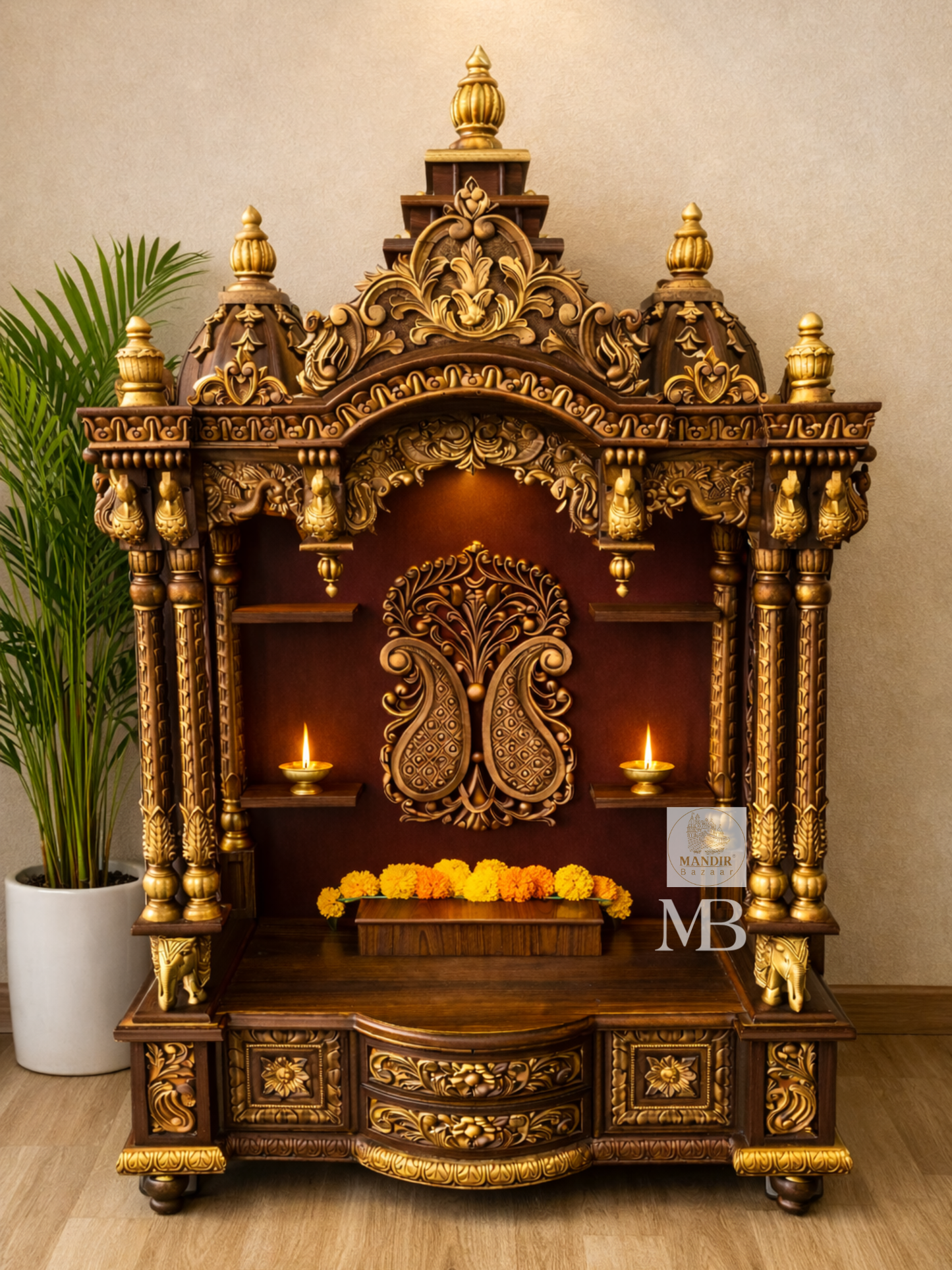 Hand Carved Wooden Pooja Mandir for Home with Peacock Design | Luxury Solid Wood Temple with Drawer & Side Shelves | Hindu Home Temple