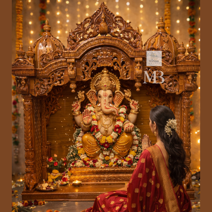 Handcrafted wooden pooja mandir for home with intricate traditional carvings