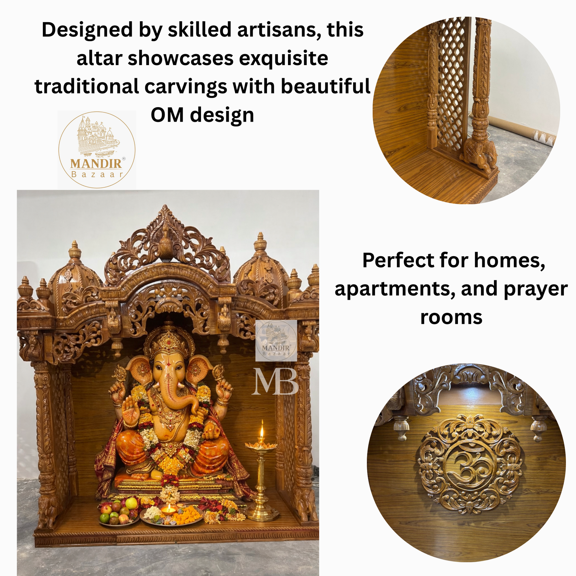 Hand carved wooden home temple with OM design and traditional Indian temple carvings