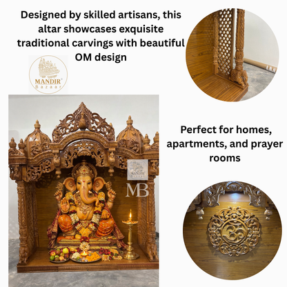 Hand carved wooden home temple with OM design and traditional Indian temple carvings