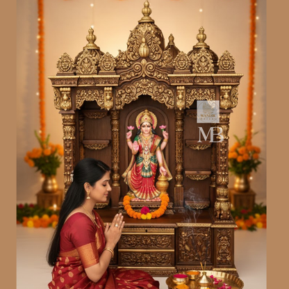 Luxury Hand Carved Wooden Pooja Mandir with Storage | Solid Teak Wood Home Temple | Traditional Hindu Prayer Cabinet