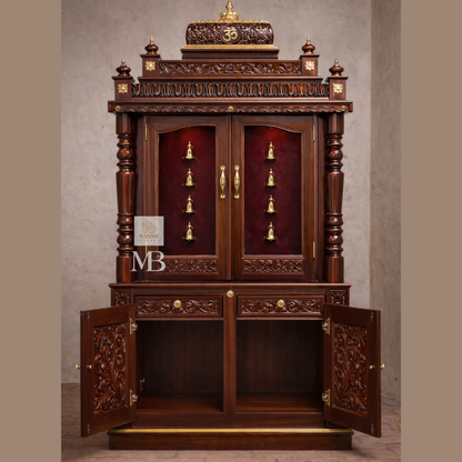 Luxury Wooden Pooja Mandir with Doors & Storage Cabinet | Solid Teak Wood Home Temple | Handcrafted Hindu Prayer Mandir