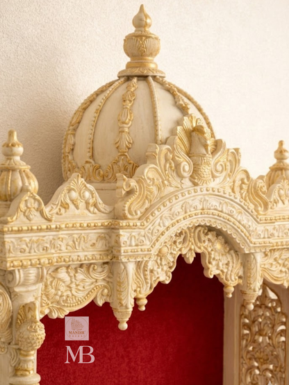 Luxury White Wooden Pooja Mandir | Hand Carved Solid Teak Wood Home Temple | Premium Hindu Prayer Mandir with Storage