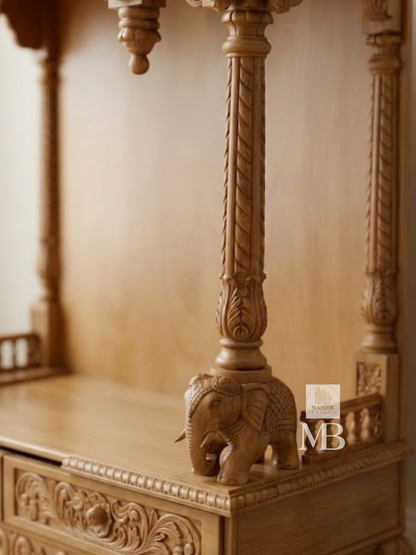 Luxury Handcrafted Wooden Pooja Mandir for Home | Solid Teak Wood Temple with Double Storage Drawers | Traditional Hand Carved Hindu Mandir