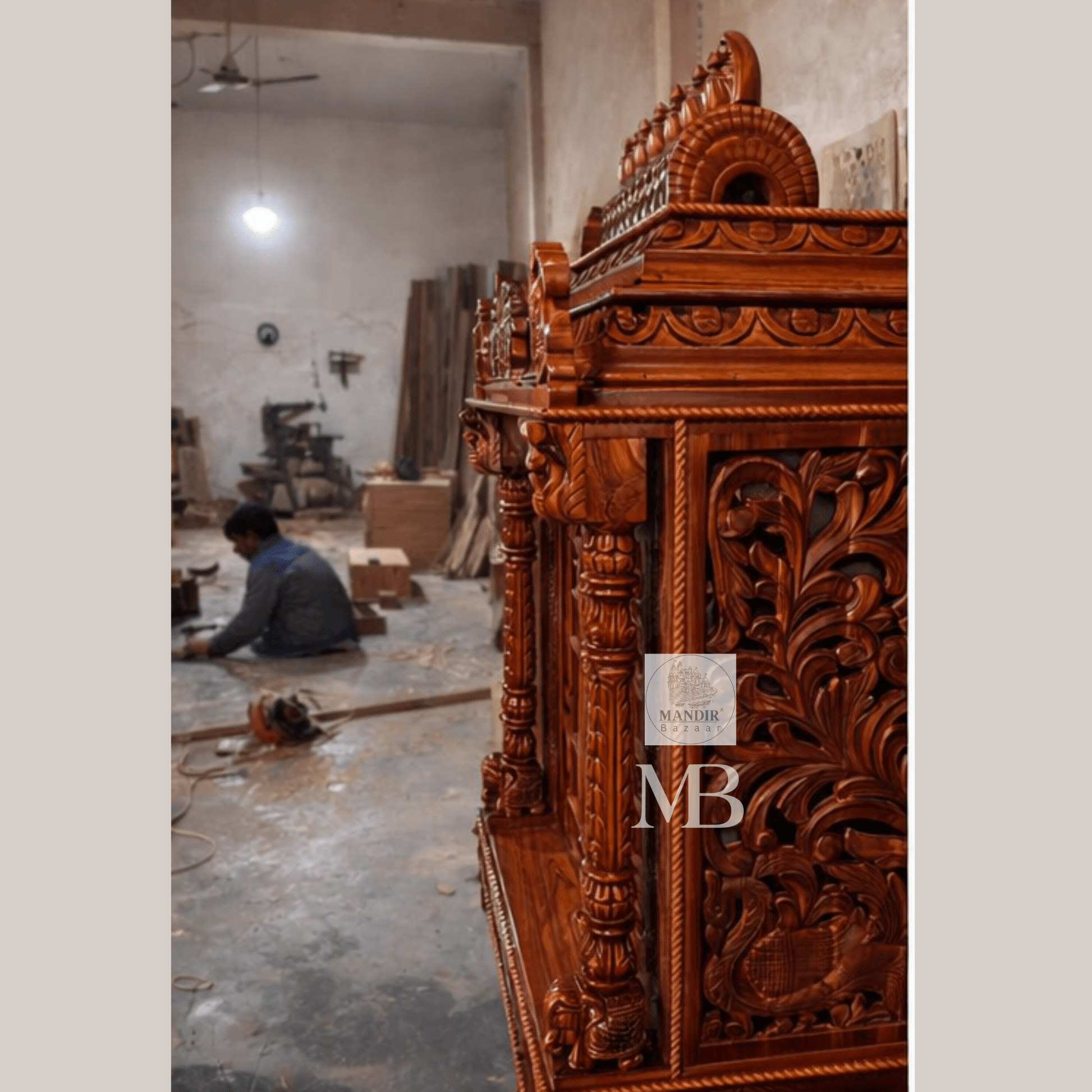 Hand carved wooden pooja mandir doors featuring multiple detailed devotional deity panels