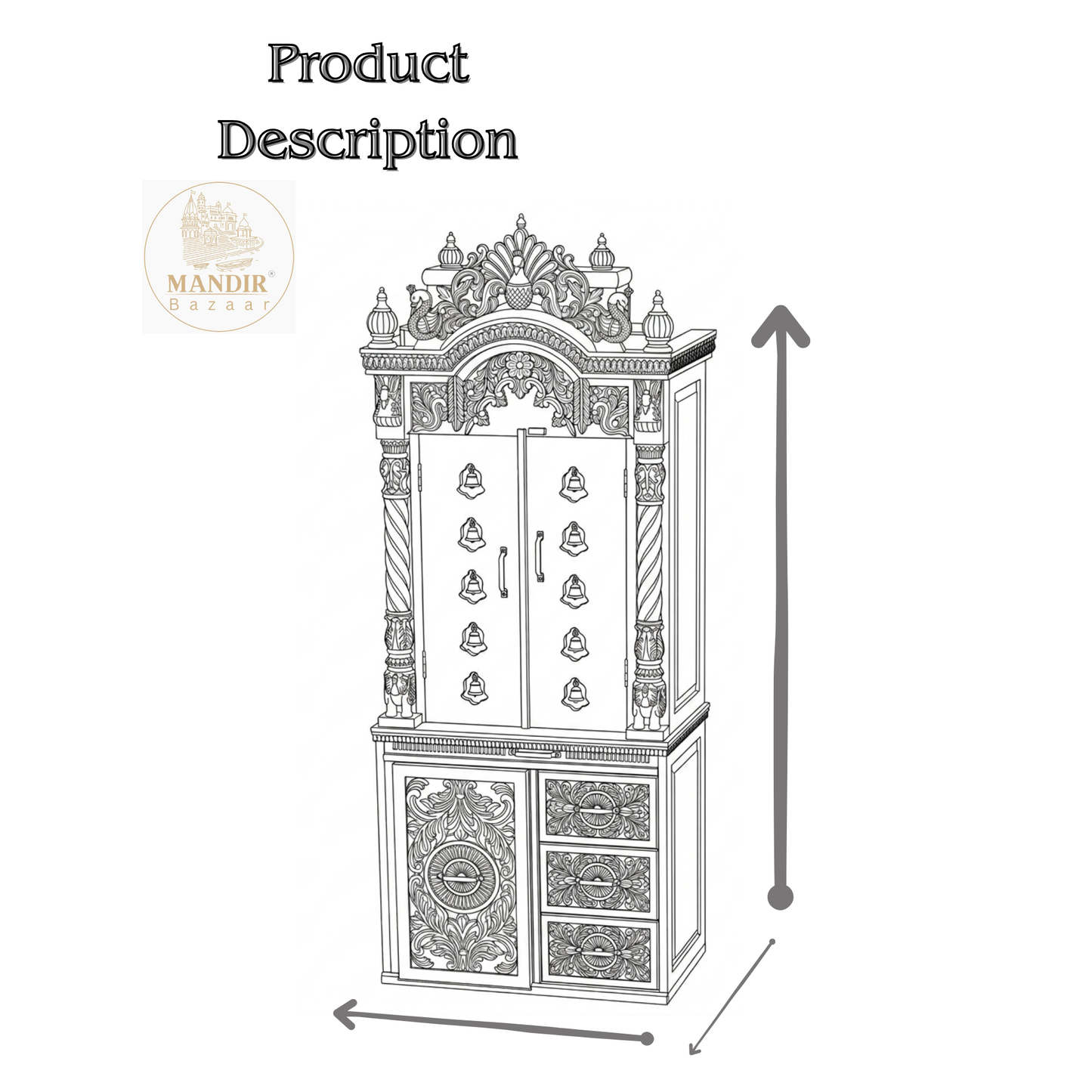 Luxury Wooden Pooja Mandir with Doors, Side Jaali & Storage Drawers | Handcrafted Solid Teak Wood Home Temple | Traditional Hindu Mandir