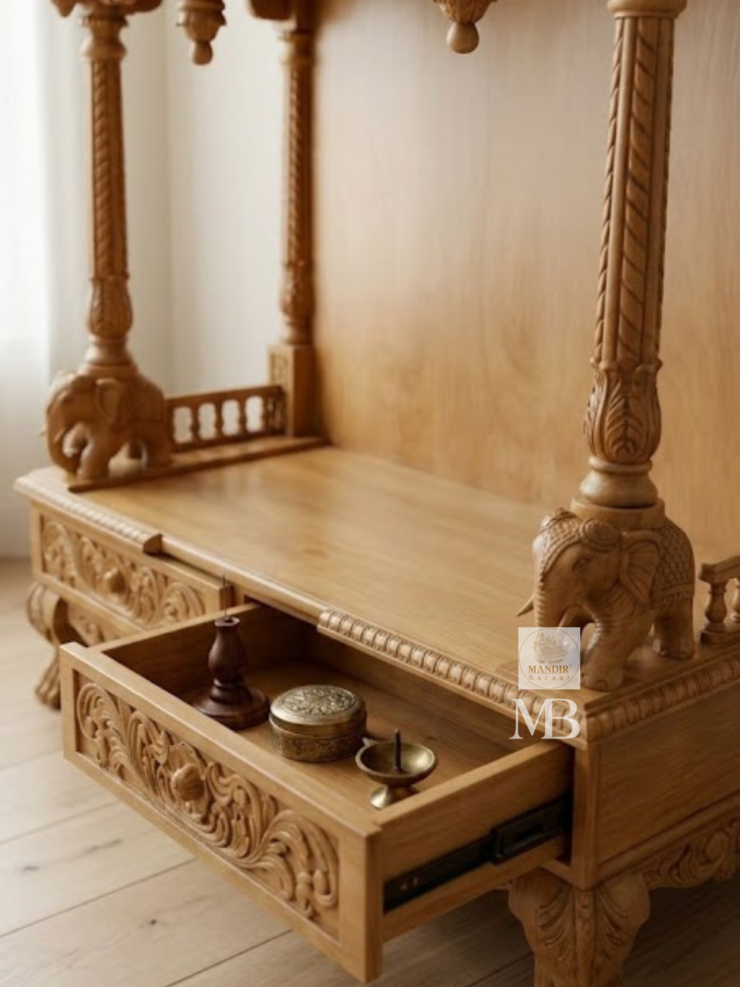 Luxury Handcrafted Wooden Pooja Mandir for Home | Solid Teak Wood Temple with Double Storage Drawers | Traditional Hand Carved Hindu Mandir
