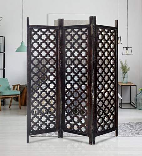 Solid Wood 3 Panel Room Wooden Partition (Brown) for Living Room