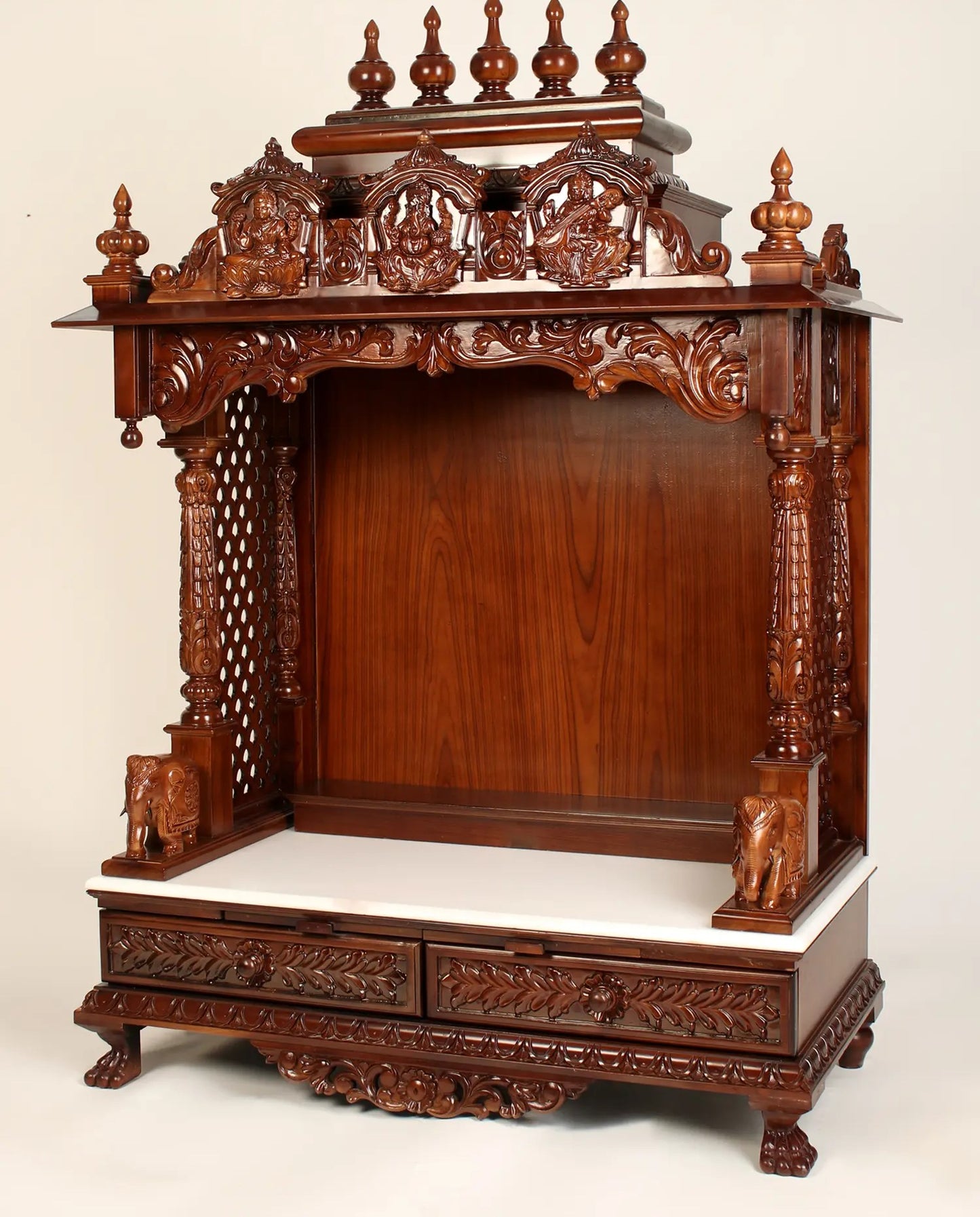 Designer wooden mandir with built-in temple lighting