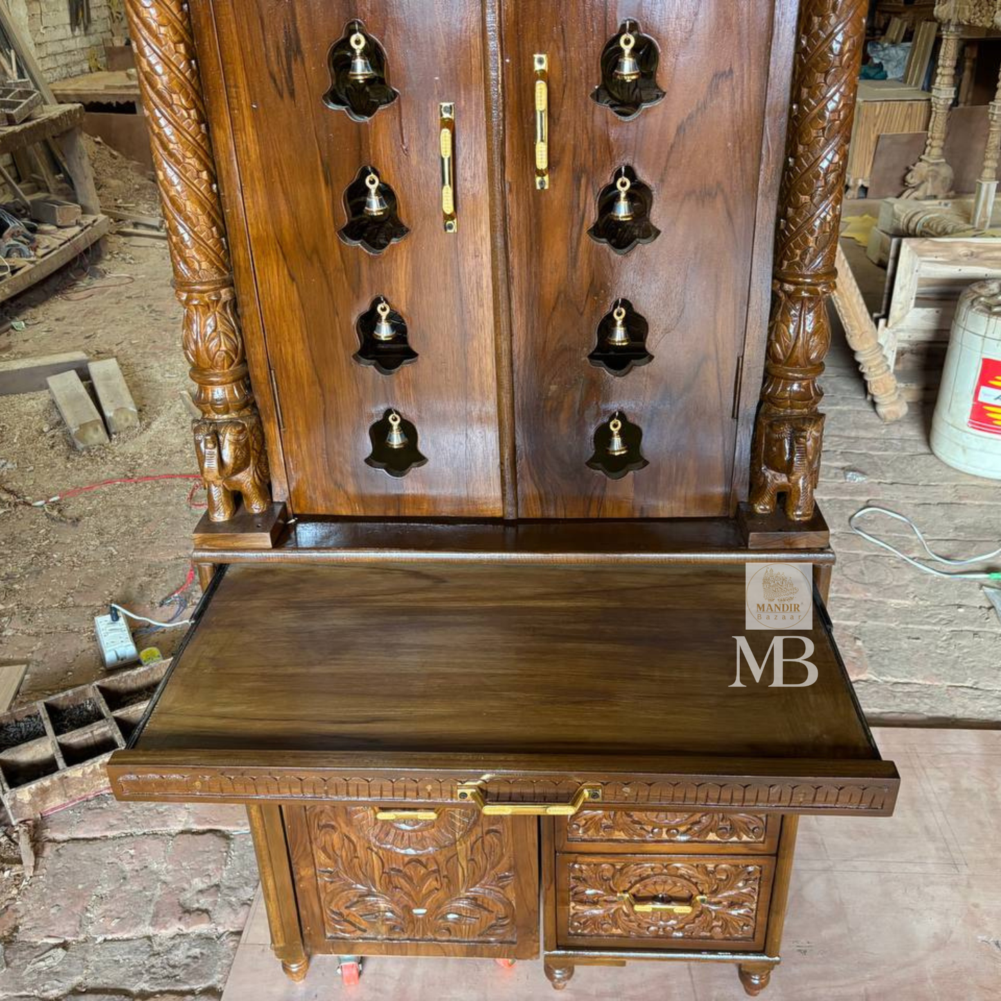 Luxury Handcrafted Wooden Pooja Mandir with Brass Bells & Storage | Solid Teak Wood Temple for Home | Traditional Hindu Temple Cabinet | Walnut Brown Finish