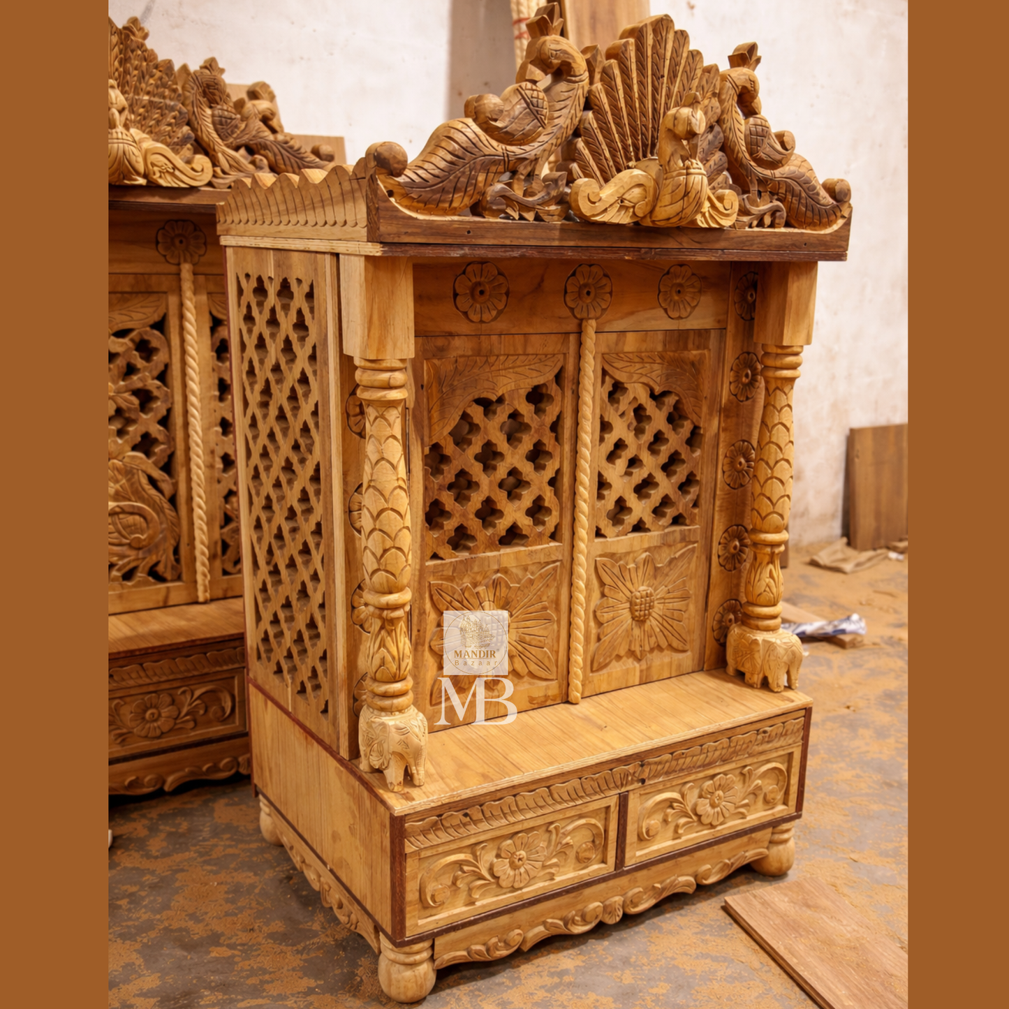 Handcrafted Wooden Pooja Mandir with Peacock Crown | Solid Teak Wood Temple for Home | Traditional Hindu Temple with Jali Doors & Storage Drawer | Natural Teak Finish