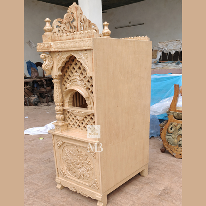 Luxury Hand Carved Wooden Pooja Mandir with Doors & Storage Cabinet | Solid Teak Wood Temple for Home | Premium Floor Standing Hindu Mandir | Mandir Bazaar