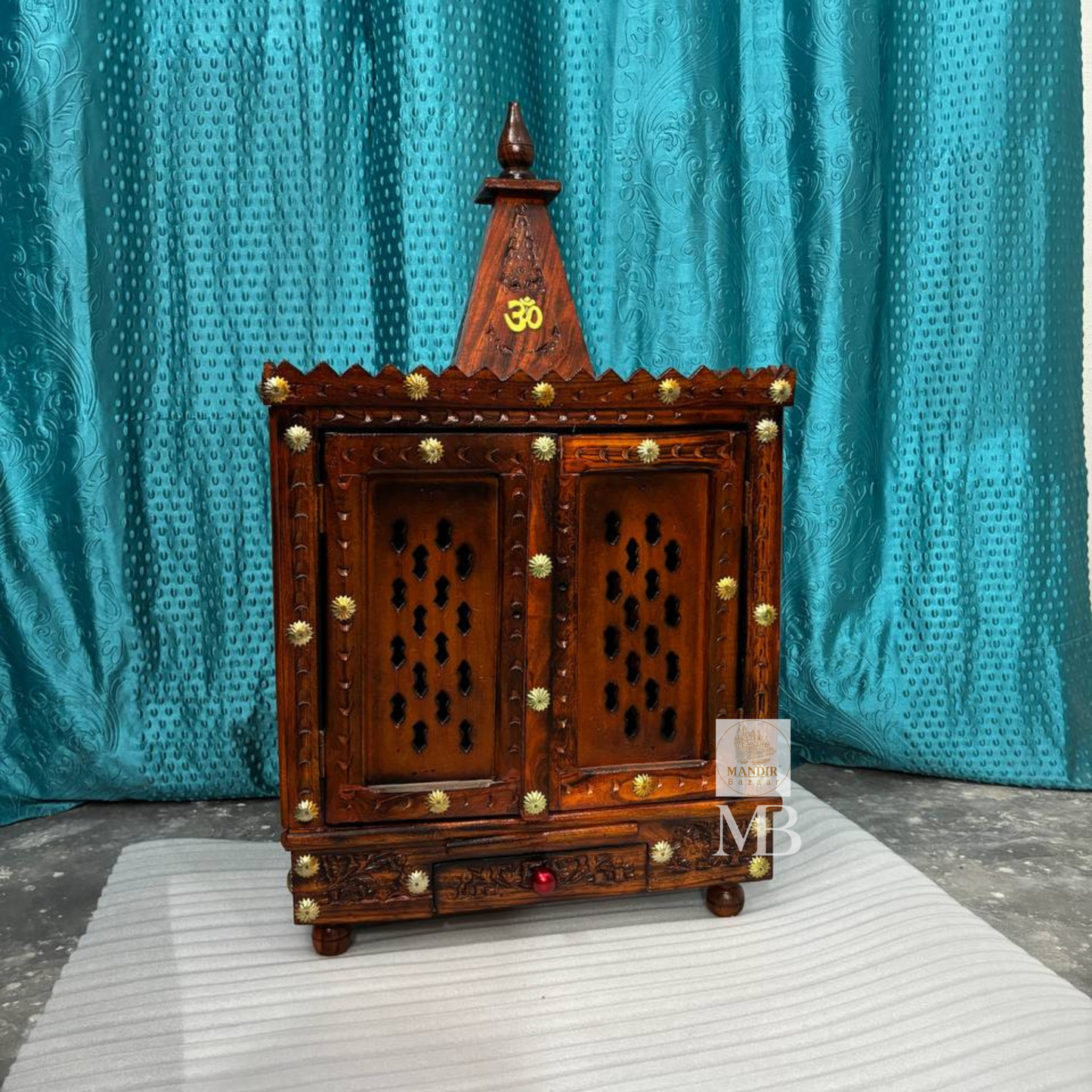 Small Wooden Pooja Mandir for Home – Handcrafted 36 Inch Hindu Temple with Doors, Drawer & Om Design