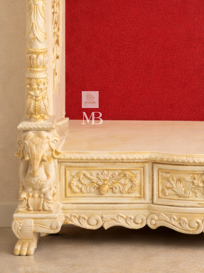 Luxury White Wooden Pooja Mandir | Hand Carved Solid Teak Wood Home Temple | Premium Hindu Prayer Mandir with Storage