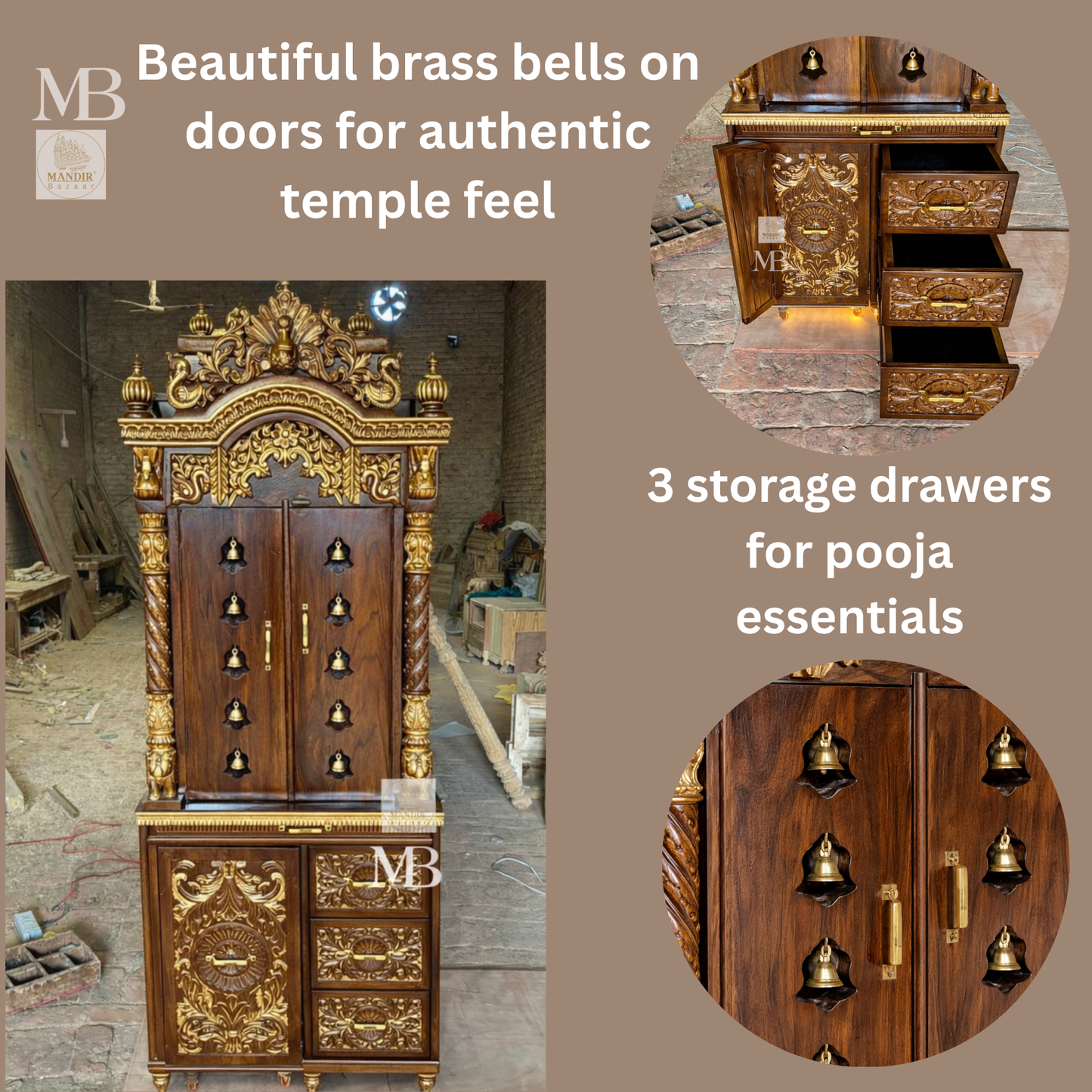 Luxury Wooden Pooja Mandir with Doors, Side Jaali & Storage Drawers | Handcrafted Solid Teak Wood Home Temple | Traditional Hindu Mandir