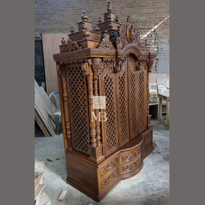 Luxury Handcrafted Wooden Pooja Mandir with OM LED Panel | Solid Teak Wood Temple for Home | Designer Hindu Temple with Side Jali Doors & Storage | Walnut Brown Finish