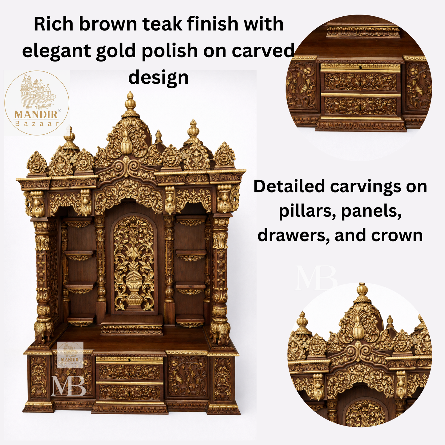 Luxury Hand Carved Wooden Pooja Mandir with Storage | Solid Teak Wood Home Temple | Traditional Hindu Prayer Cabinet