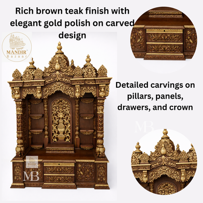 Luxury Hand Carved Wooden Pooja Mandir with Storage | Solid Teak Wood Home Temple | Traditional Hindu Prayer Cabinet