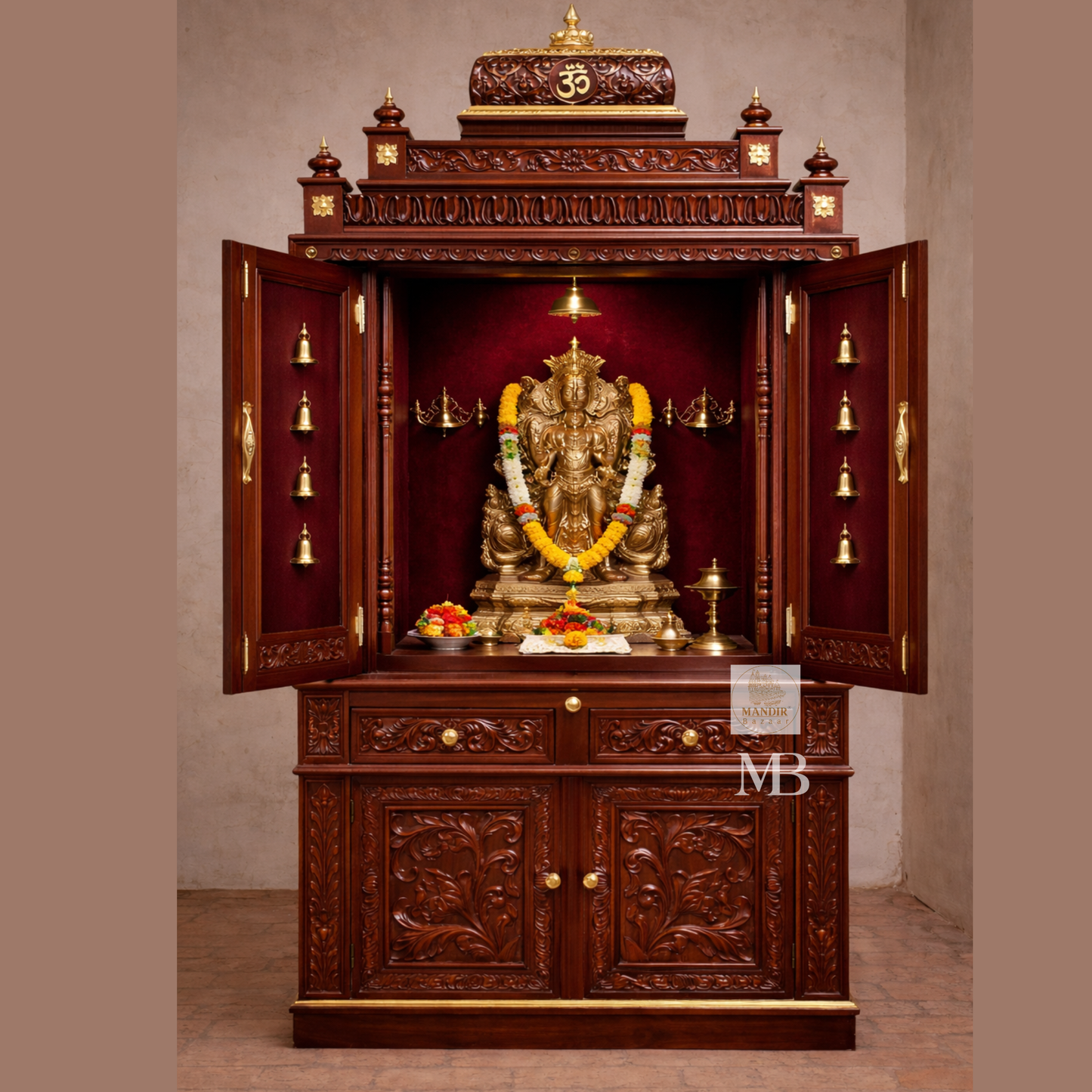 Luxury Wooden Pooja Mandir with Doors & Storage Cabinet | Solid Teak Wood Home Temple | Handcrafted Hindu Prayer Mandir