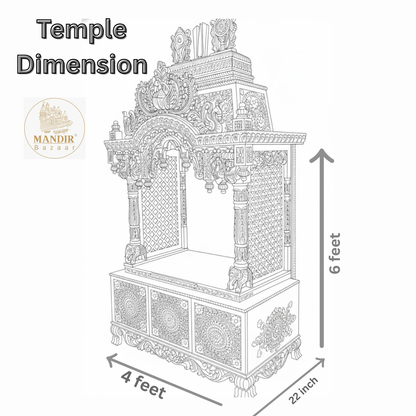 Sheesham wood pooja mandir dimensions showing 6 feet height, 4 feet width and 22 inch depth