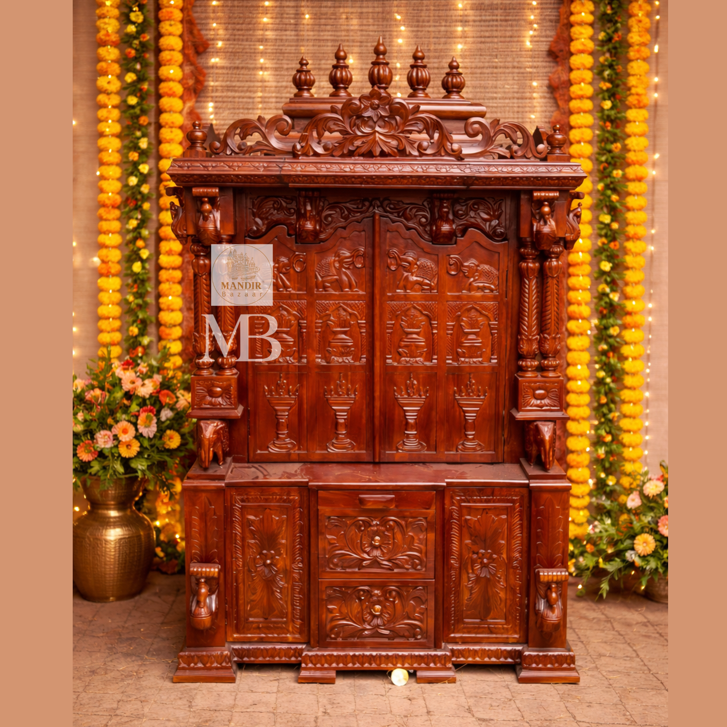6 feet hand carved wooden pooja mandir with traditional floral carvings, elephant motifs, carved doors and storage drawers for home